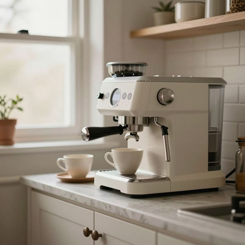Una cafetera espresso en la encimera de la cocina con dos tazas