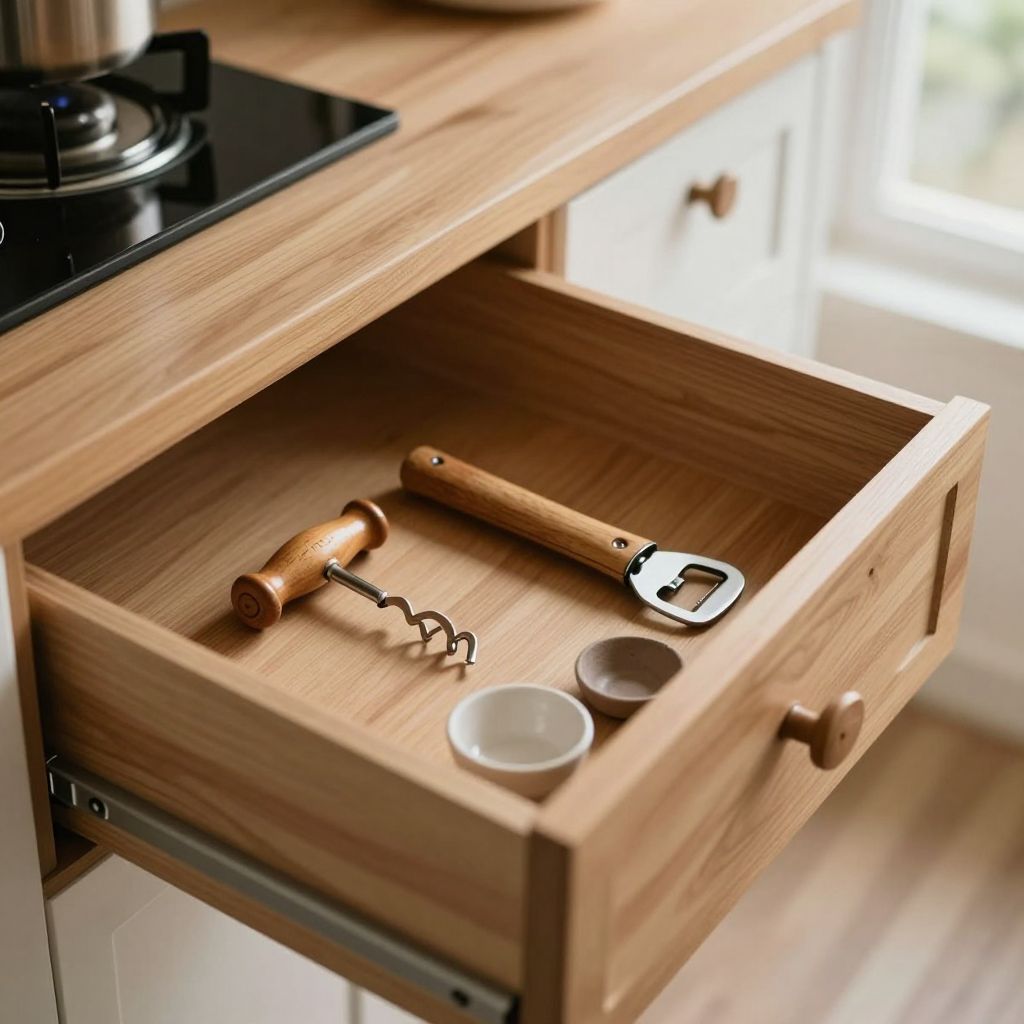 Un cajón de cocina abierto con un sacacorchos y un abridor