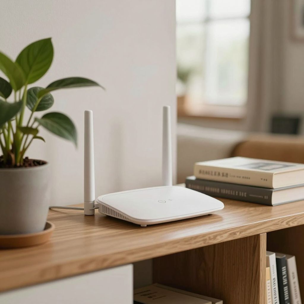 Un router de Wi-Fi en una estantería del salón junto a una planta y libros