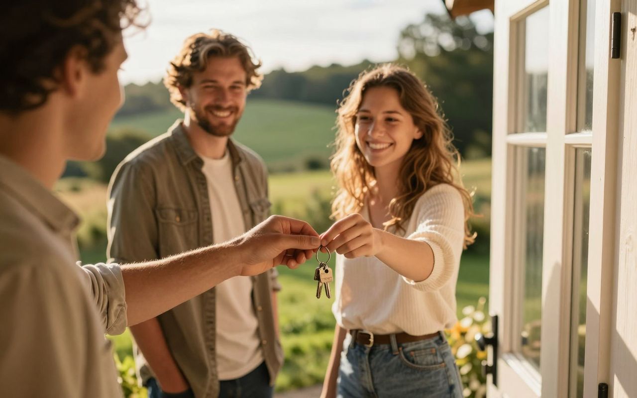 A host handing the keys to arriving guests at a holiday home, in golden evening light